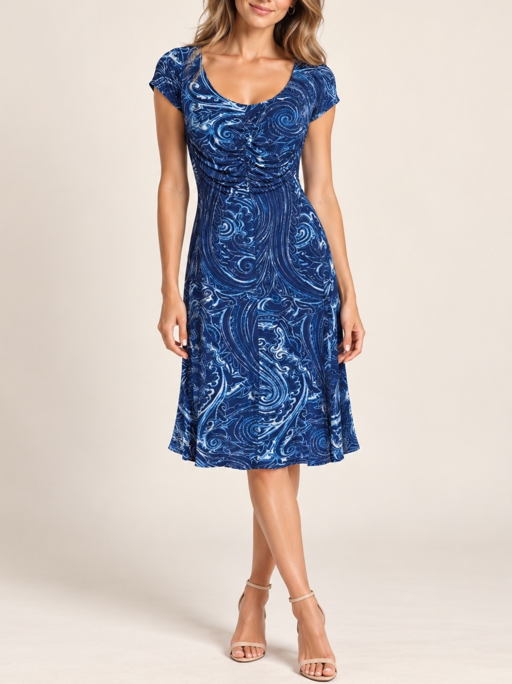 Etro Paisley Print Stretch Midi Dress Size S Blue White Ruched Lightweight